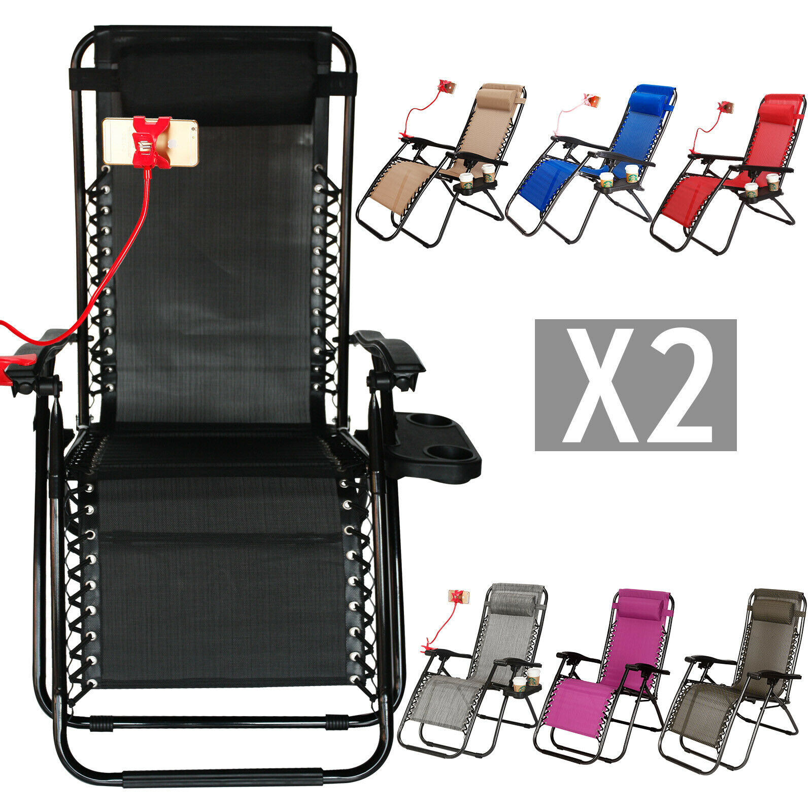 2 Zero Gravity Folding Lounge Chairs W/drink Holder Beach Patio Outdoor Recliner