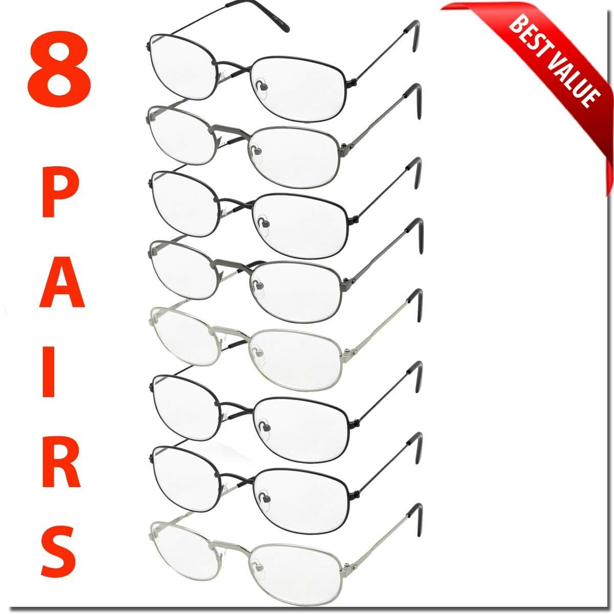 Reading Glasses 8 Pack Metal Lot Classic Reader Unisex Men Women Style Bulk Lot