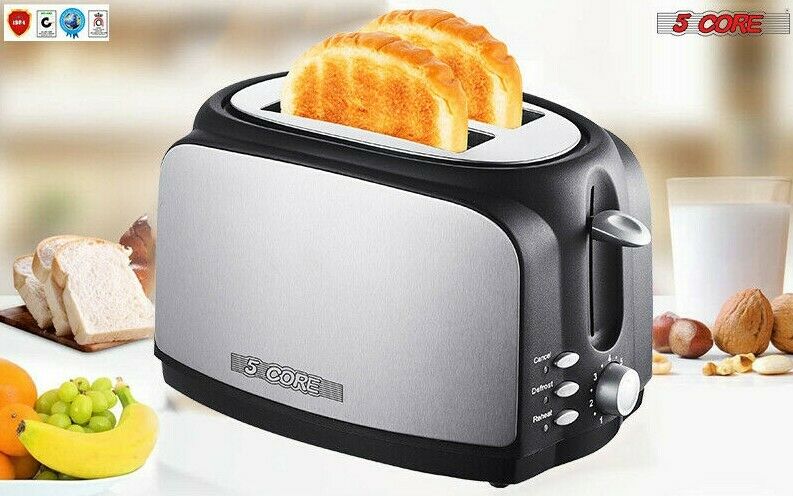5 Core 2 Slice Extra Wide Centering Long Slot Toaster Stainless Steel Defrost