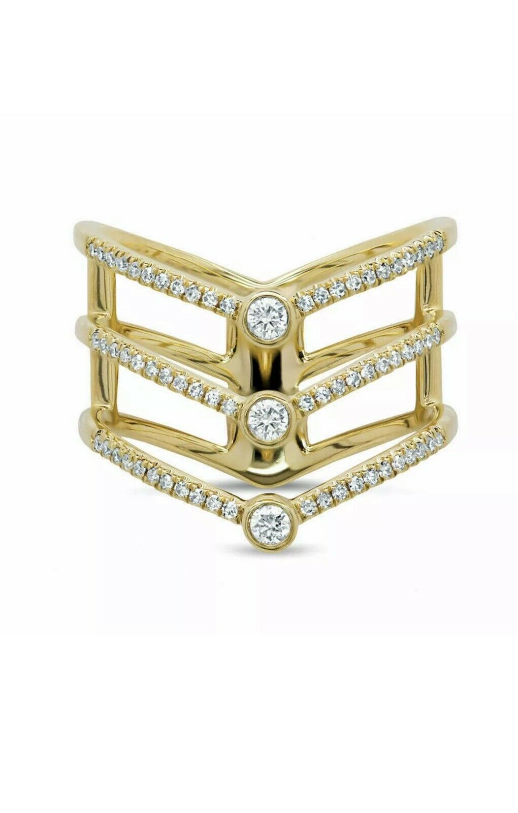 Beautiful 14k Yellow Gold .45ctw Real Natural Diamond Three Row Ring