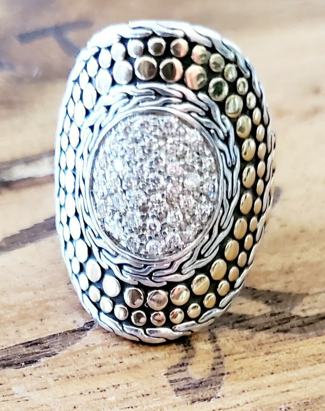 Stunning John Hardy Retired Diamond Center 18kt Gold Dot .925 Long Ring Fabulous