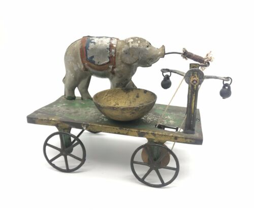 Antique Original C. 1880 Fallows Tin Elephant On Platform Bell Toy, Philadelphia