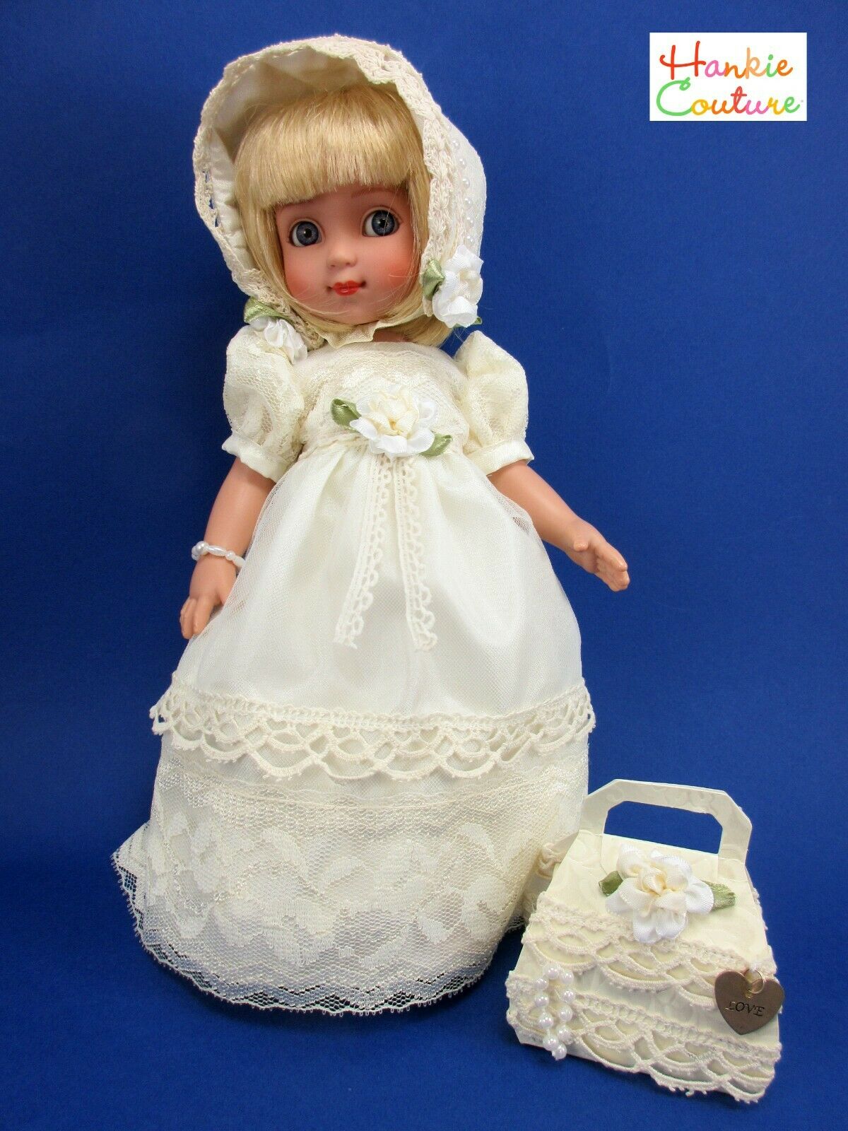 Ooak 10" Ann Estelle Ivory Lace Doll Dress Bonnet Bag Hand Beaded Bracelet